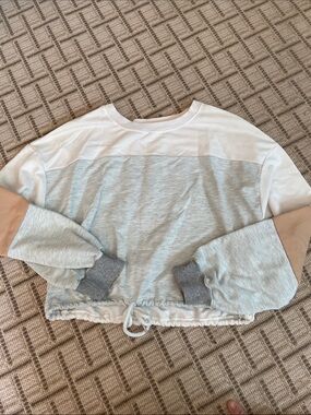 Colorblock Drawstring Hem Sweatshirt - Light Gray & Cream